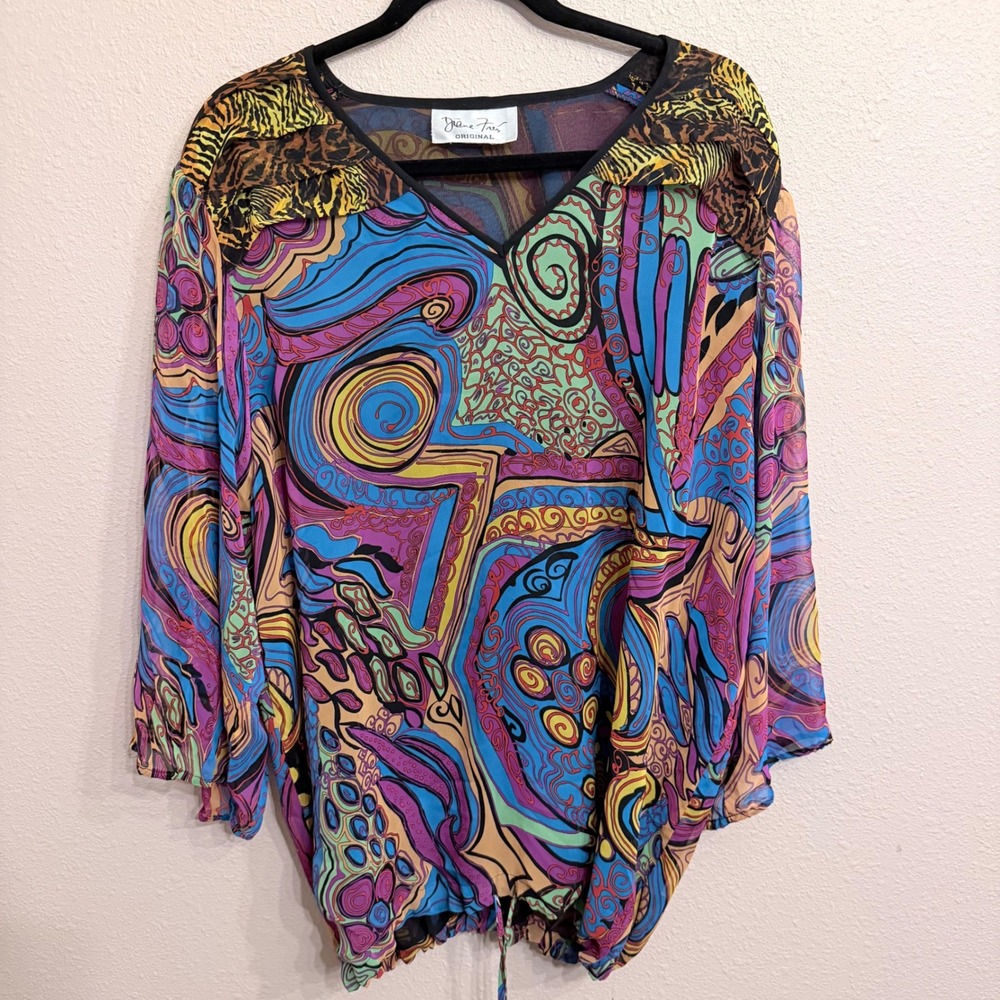 Diane Freis Original Vintage Abstract Psychedelic Animal Print Blouse V-Neck XL
